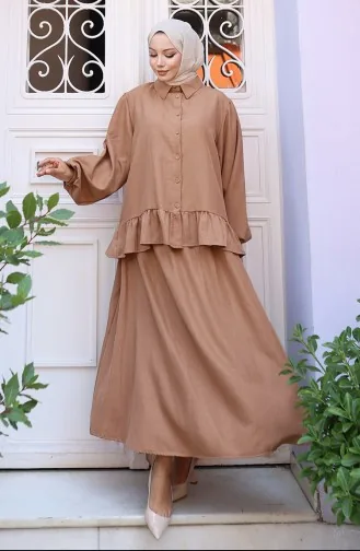 Ensemble Deux Pièces Tunique Et Jupe à Volants 0146-06 Café Au Lait 0146-06