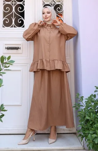Ensemble Deux Pièces Tunique Et Jupe à Volants 0146-06 Café Au Lait 0146-06