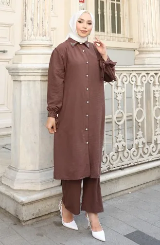 Ensemble Deux Pièces Tunique Et Pantalon Boutonnés En Tissu Aerobin 2147-01 Marron 2147-01