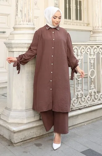 Ensemble Deux Pièces Tunique Et Pantalon Boutonnés En Tissu Aerobin 2147-01 Marron 2147-01