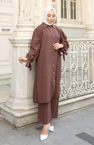 Ensemble Deux Pièces Tunique Et Pantalon Boutonnés En Tissu Aerobin 2147-01 Marron 2147-01