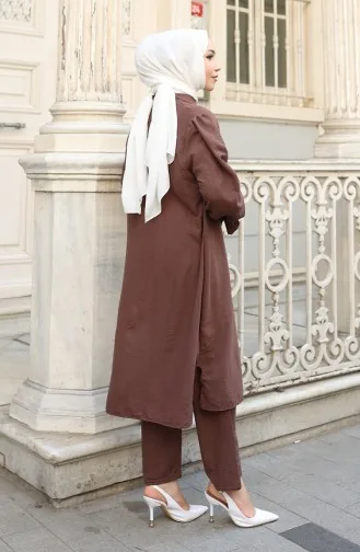 Ensemble Deux Pièces Tunique Et Pantalon Boutonnés En Tissu Aerobin 2147-01 Marron 2147-01