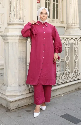 Aerobin Stoffen Tuniek Met Knopen Tweedelig Pak 2147-02 Fuchsia 2147-02