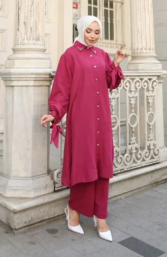 Aerobin Stoffen Tuniek Met Knopen Tweedelig Pak 2147-02 Fuchsia 2147-02
