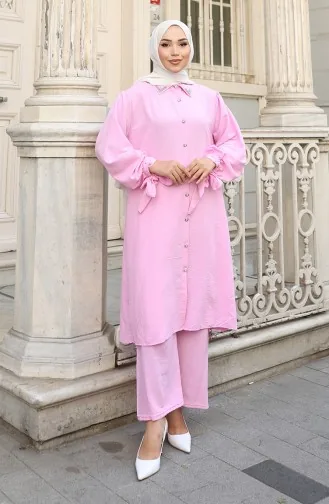 Aerobin Stoff Geknöpfte Tunika Hose Zweiteiliger Anzug 2147-03 Rosa 2147-03