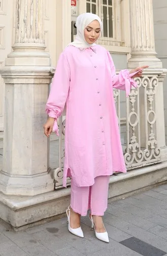 Aerobin Stoff Geknöpfte Tunika Hose Zweiteiliger Anzug 2147-03 Rosa 2147-03
