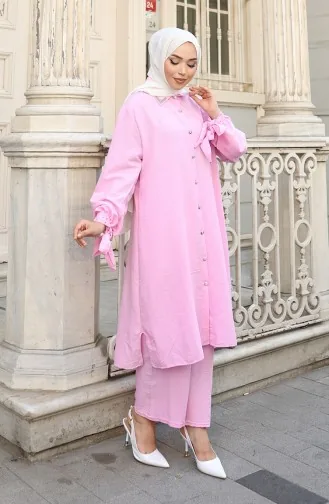 Aerobin Stoff Geknöpfte Tunika Hose Zweiteiliger Anzug 2147-03 Rosa 2147-03