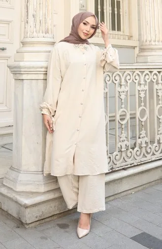 Ensemble Deux Pièces Tunique Et Pantalon Boutonnés En Tissu Aerobin 2147-04 Beige 2147-04