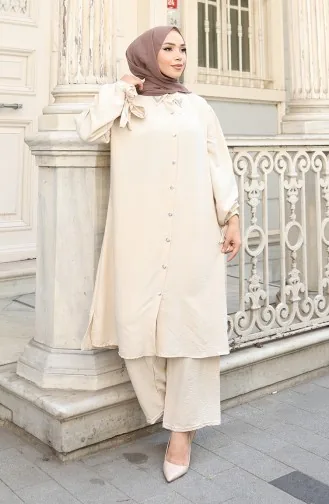 Ensemble Deux Pièces Tunique Et Pantalon Boutonnés En Tissu Aerobin 2147-04 Beige 2147-04