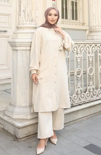 Ensemble Deux Pièces Tunique Et Pantalon Boutonnés En Tissu Aerobin 2147-04 Beige 2147-04