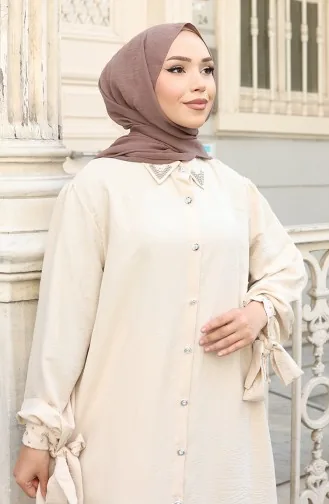 Ensemble Deux Pièces Tunique Et Pantalon Boutonnés En Tissu Aerobin 2147-04 Beige 2147-04