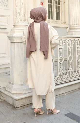 Ensemble Deux Pièces Tunique Et Pantalon Boutonnés En Tissu Aerobin 2147-04 Beige 2147-04
