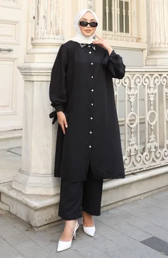 Aerobin Stoff Geknöpfte Tunika Hose Zweiteiliger Anzug 2147-05 Schwarz 2147-05