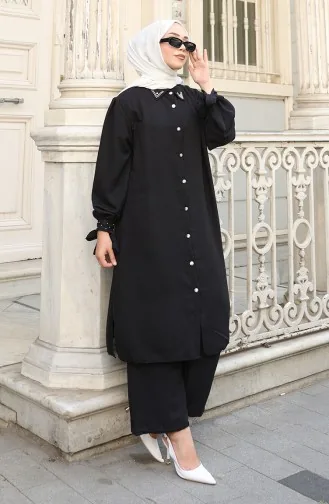 Aerobin Stoff Geknöpfte Tunika Hose Zweiteiliger Anzug 2147-05 Schwarz 2147-05