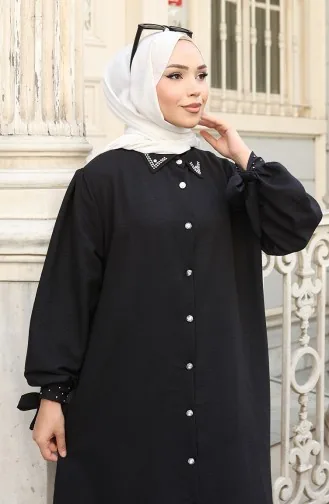 Aerobin Stoff Geknöpfte Tunika Hose Zweiteiliger Anzug 2147-05 Schwarz 2147-05