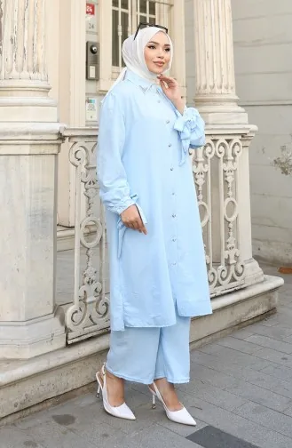 Ensemble Deux Pièces Tunique Et Pantalon Boutonnés En Tissu Aerobin 2147-07 Bleu Bébé 2147-07