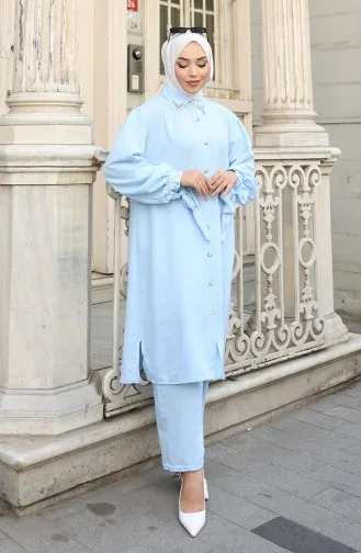 Ensemble Deux Pièces Tunique Et Pantalon Boutonnés En Tissu Aerobin 2147-07 Bleu Bébé 2147-07