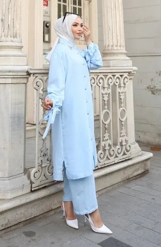 Ensemble Deux Pièces Tunique Et Pantalon Boutonnés En Tissu Aerobin 2147-07 Bleu Bébé 2147-07