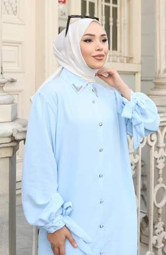 Ensemble Deux Pièces Tunique Et Pantalon Boutonnés En Tissu Aerobin 2147-07 Bleu Bébé 2147-07