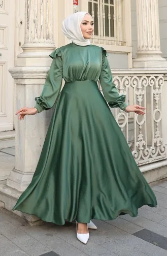 Satin Evening Dress With Ruffled Shoulders 5805-06 Green 5805-06