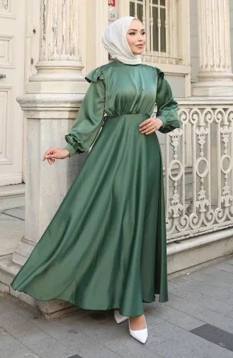 Satin Evening Dress With Ruffled Shoulders 5805-06 Green 5805-06