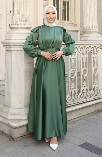 Satin Evening Dress With Ruffled Shoulders 5805-06 Green 5805-06