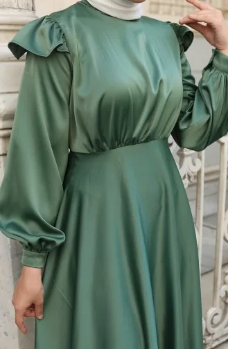 Satin Evening Dress With Ruffled Shoulders 5805-06 Green 5805-06