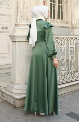 Satin Evening Dress With Ruffled Shoulders 5805-06 Green 5805-06