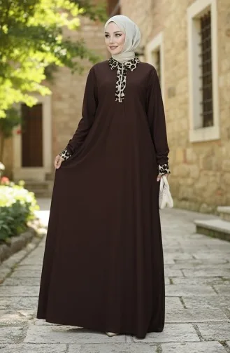 Leopar Desenli Elbise 0119-04 Kahverengi