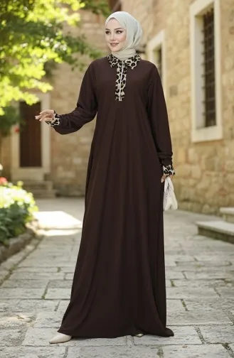 Leopar Desenli Elbise 0119-04 Kahverengi