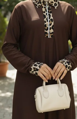 Leopar Desenli Elbise 0119-04 Kahverengi