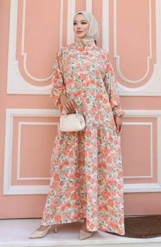 Yarım Düğmeli Desenli Elbise 2148-04 Oranj