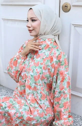 Yarım Düğmeli Desenli Elbise 2148-04 Oranj