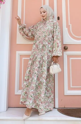 فستان منقوش بأزرار نصفية 2148-05 بني 2148-05