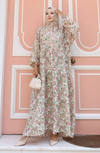 فستان منقوش بأزرار نصفية 2148-05 بني 2148-05