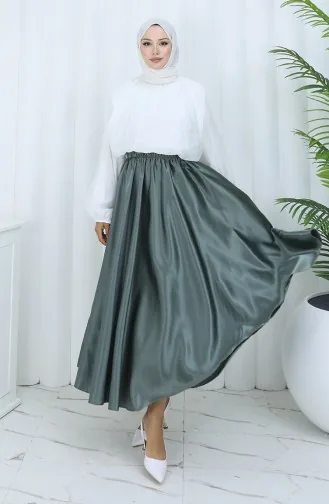 Jupe En Satin à Taille élastique 0148-01 Vert Moisissure 0148-01