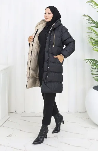 Kapüşonlu Düğmeli Şişme Mont 0167-01 Siyah