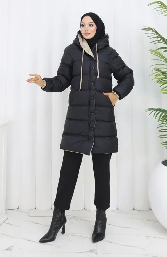 Kapüşonlu Düğmeli Şişme Mont 0167-01 Siyah