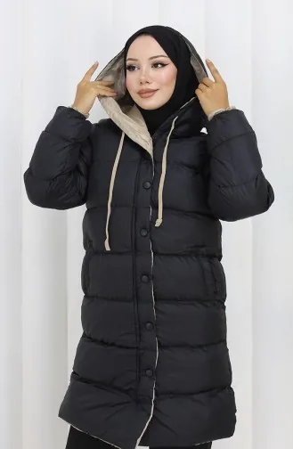 Kapüşonlu Düğmeli Şişme Mont 0167-01 Siyah