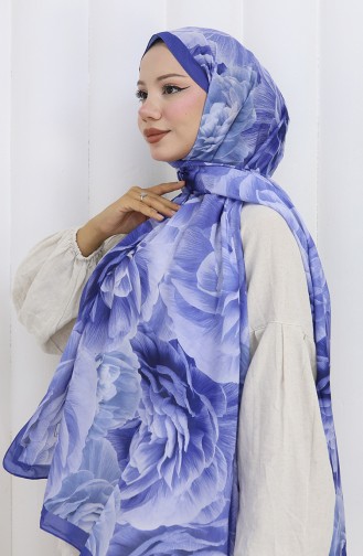 Pamuklu Desenli Koza Şal 70322-14 Saks Mavi