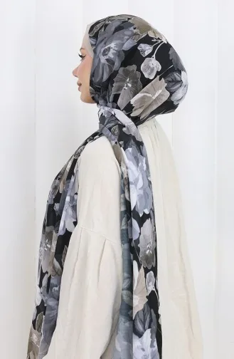 Desenli Pamuklu Koza Şal 70323-13 Gri Siyah
