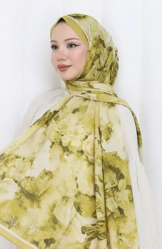 Pamuklu Desenli Koza Şal 70324-05 Küf Yeşili Safran Renk