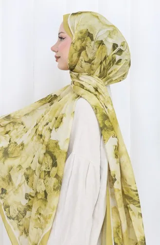 Pamuklu Desenli Koza Şal 70324-05 Küf Yeşili Safran Renk