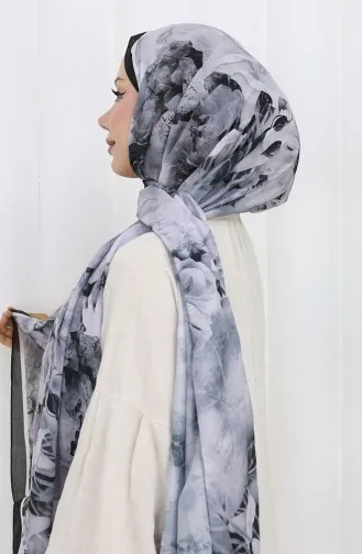 Pamuklu Desenli Koza Şal 70324-06 Siyah Gri