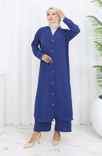 Zweiteiliger Anzug Aus Strickjacke Und Hose Mit Knöpfen 0138-08 Marineblau 0138-08