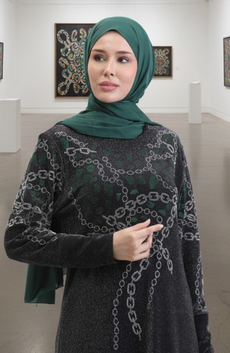 Taşlı Abiye Elbise 0154-01 Siyah Yeşil
