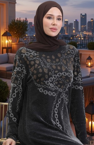 Taşlı Abiye Elbise 0154-02 Siyah Sarı