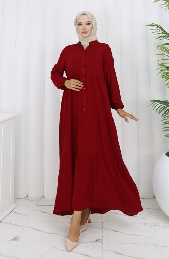 Viskose Stoff Halb Geknöpftes Kleid 4125-01 Weinrot 4125-01