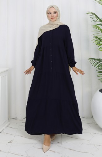 Viscose Fabric Half Buttoned Dress 4125-02 Navy Blue 4125-02