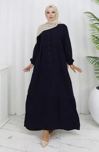 Viskon Kumaş Yarım Düğmeli Elbise 4125-02 Lacivert